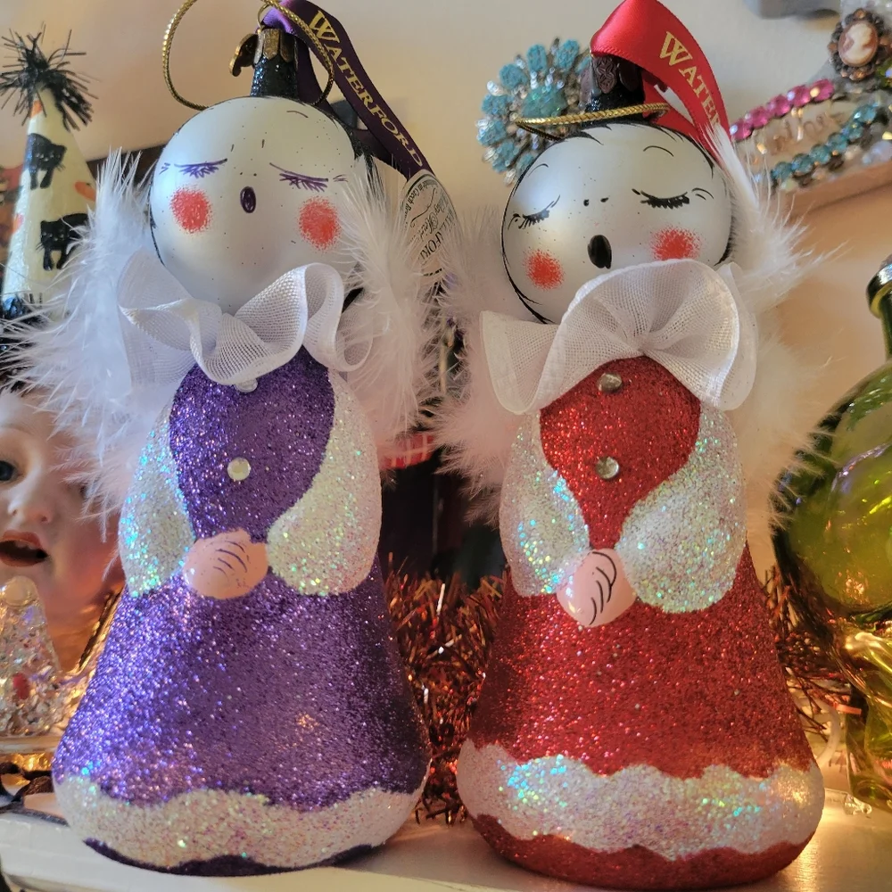 Waterford Sugar Plum Angel Duo Red & Purple Ornaments ~ Czech ~ Retired